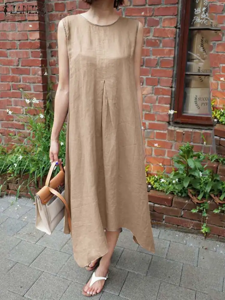 

Модель 2023 года, модное летнее платье ZANZEA без рукавов, платья с асимметричным подолом, Женский Повседневный свободный сарафан, Женские однотонные платья с круглым вырезом