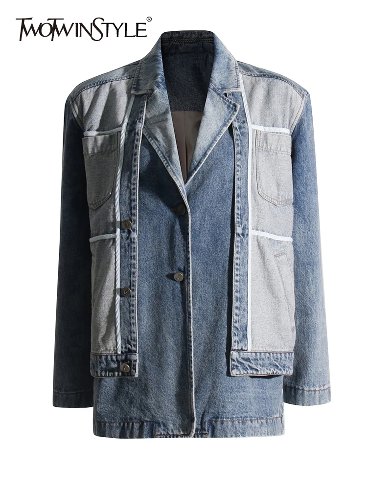 TWOTWINSTYLE Patchwork Pockets Denim Coats For Women Lapel Long Sleeve Loose Casual Hit Color Jackets Female Fashion Clothing
TWOTWINSTYLE Patchwork Pockets Denim Coats For Women Lapel Long Sleeve Loose Casual Hit Color Jackets Female Fashion Clothing
