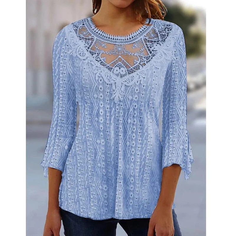 

Summer Elegant Perspective Lace Splice Shirt 2023 Vintage Crochet Blouse Office Women Hollow Out 3/4 Sleeve New Casual Top 28335