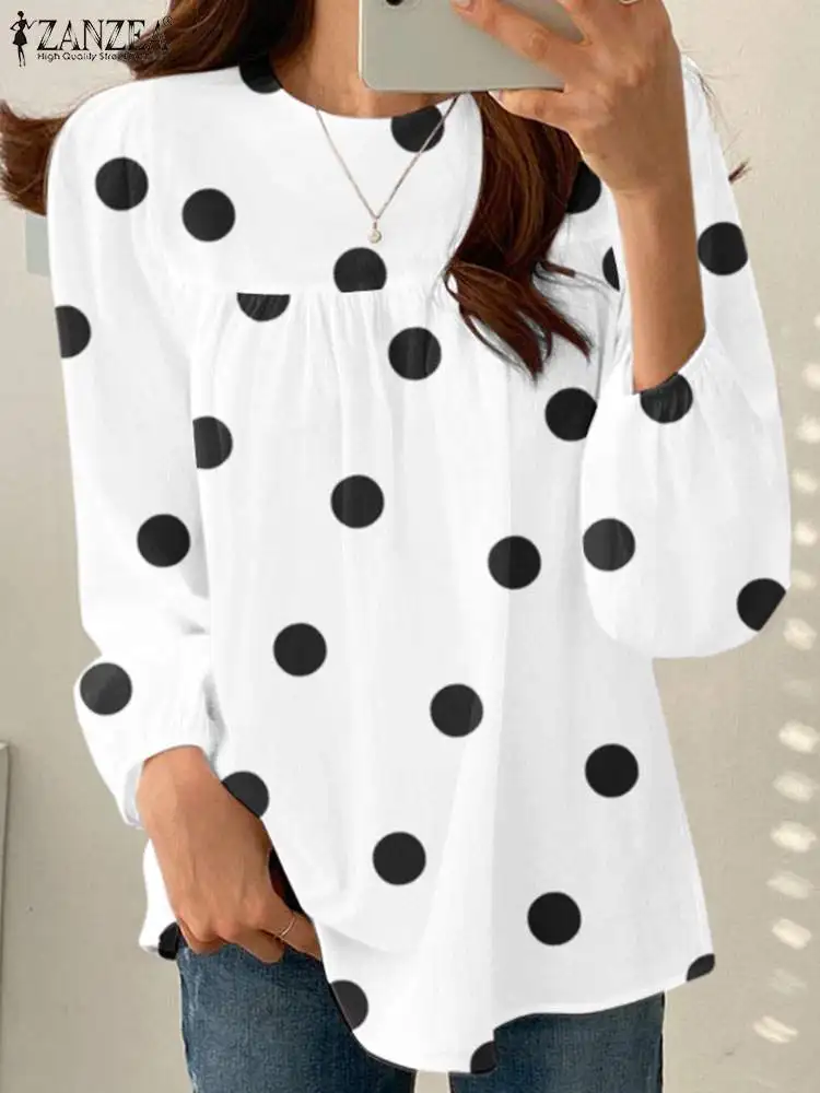 

ZANZEA Spring Holiday Elastic Tops Bohemian Polka Dots Printed Blouse Puff Sleeve Chemise Fashion Women O-Neck Casual Shirt 2023