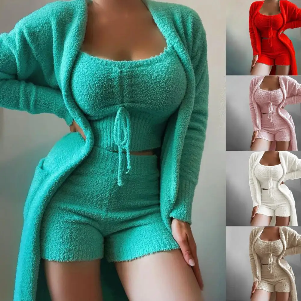 Crop Top Shorts Coat Casual Three-piece Pockets Pure Color Elegant Homewear for Home Vest Shorts Coat Women Homewear Set
Crop Top Shorts Coat Casual Three-piece Pockets Pure Color Elegant Homewear for Home Vest Shorts Coat Women Homewear Set