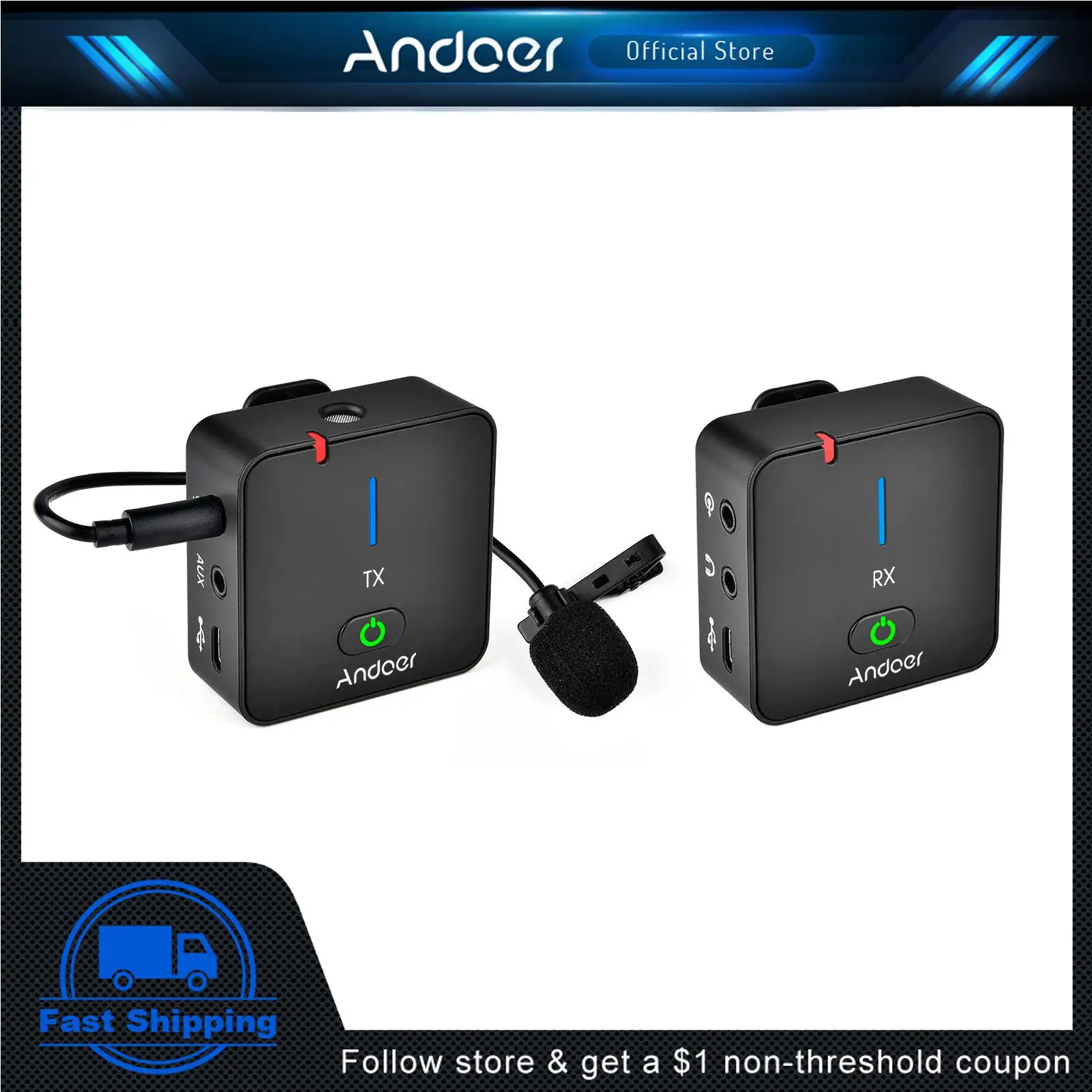 Andoer MX5 Wireless Microphone 2.4G Clip-on Lavalier Mic 50M Rechargeable for Smartphone DSLR Camera DV Vlog Video Recording
Andoer MX5 Wireless Microphone 2.4G Clip-on Lavalier Mic 50M Rechargeable for Smartphone DSLR Camera DV Vlog Video Recording