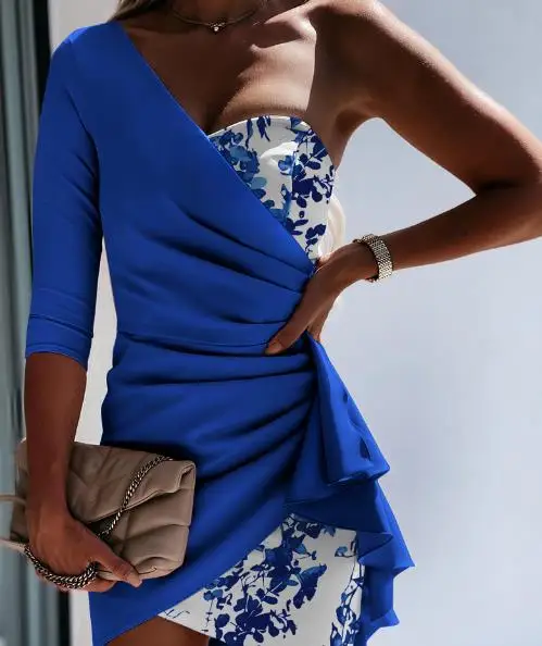 

Женское платье весна-лето 2023 Новинка дамское офисное платье контрастных цветов облегающее мини-платье с запахом на груди и рукавом на одно плечо