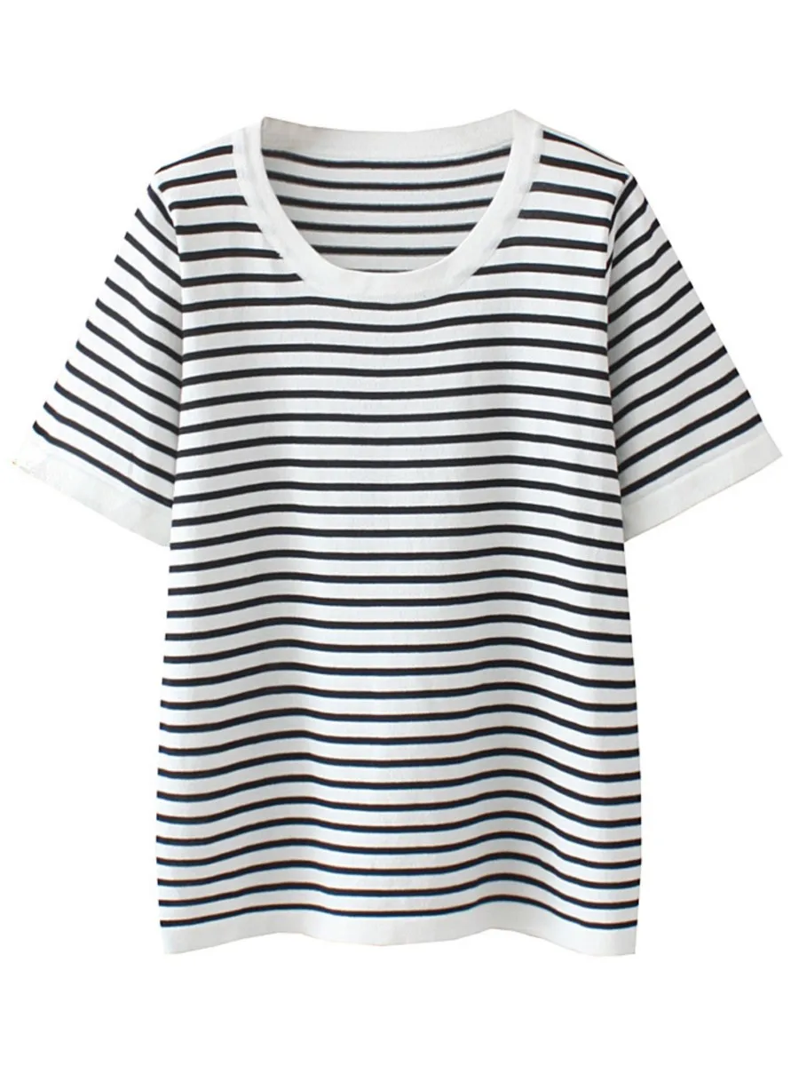 Plus Size T-Shirt For Women Ice Silk Knitted Tees 2022 Summer Stripe Short Sleeve O-Neck Tops
Plus Size T-Shirt For Women Ice Silk Knitted Tees 2022 Summer Stripe Short Sleeve O-Neck Tops