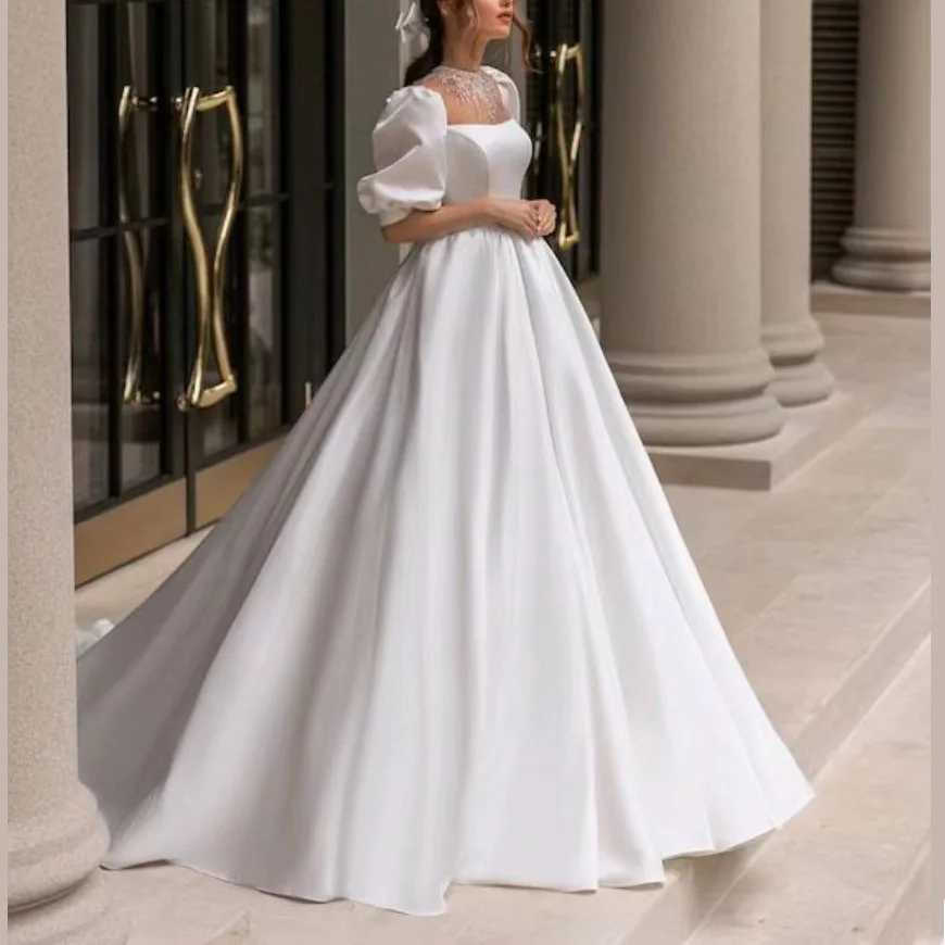 Vestido De Novia High Neck Crystal Beaded Puffy Sleeves Bridal Gown Custom Made Court Train Luxury Wedding Dresses
Vestido De Novia High Neck Crystal Beaded Puffy Sleeves Bridal Gown Custom Made Court Train Luxury Wedding Dresses