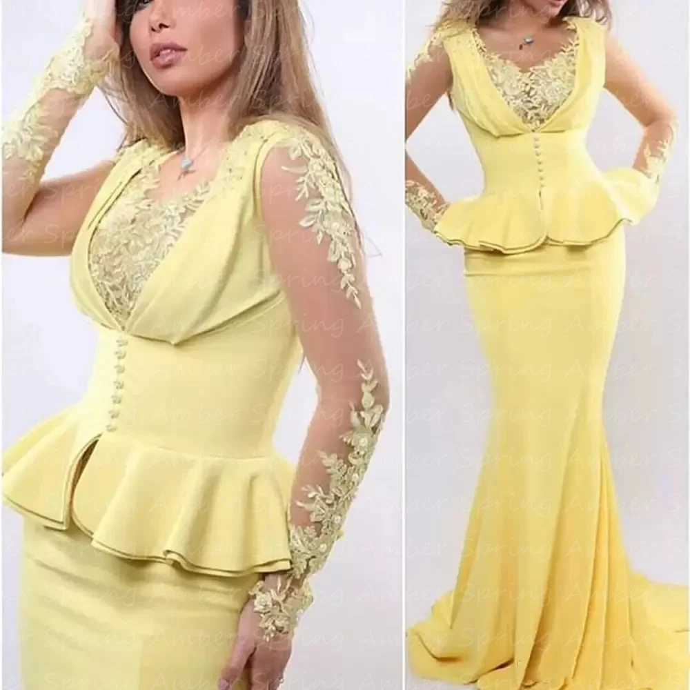 

Арабское Aso Ebi 2024, вечерние платья, желтое шифоновое кружевное женское платье с длинным рукавом, официальное свадебное платье для выпускного вечера, женское платье для торжества