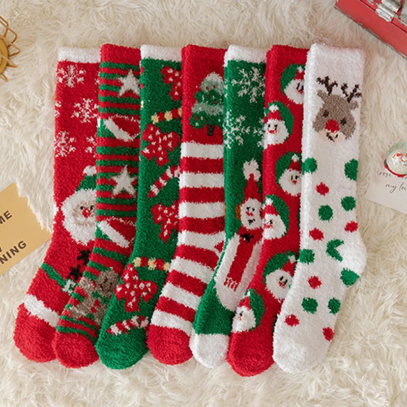 

1pair Christmas Socks Thicken Warm Coral Fleece Long Barrel Socks Knee-Length Christmas Socks Soft Calf Socks New Year Gifts