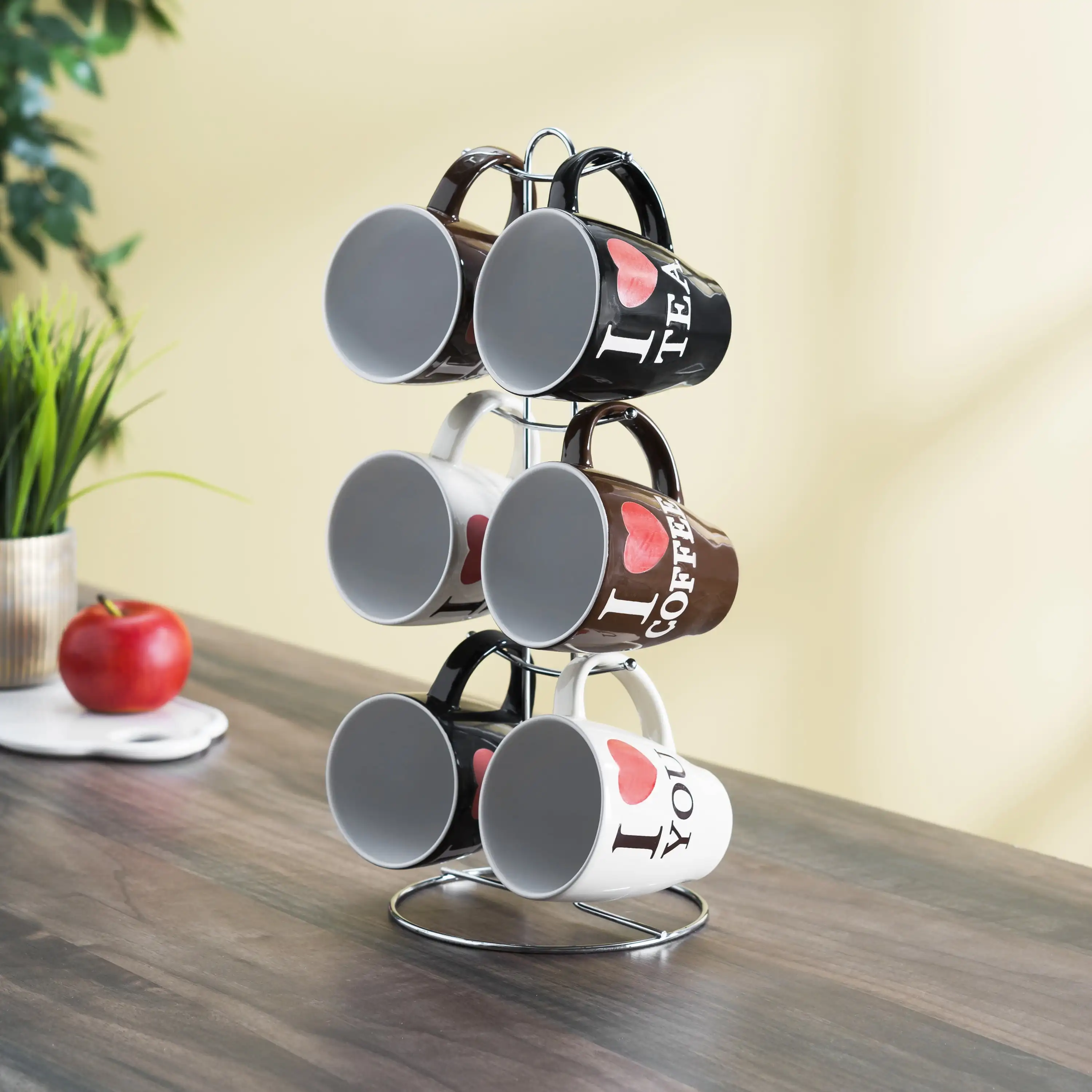 

I Love Coffee 6 Piece Stoneware Mug Set with Stand, Shelf , Kitchen Items , Mug , Mugs Coffee Cups