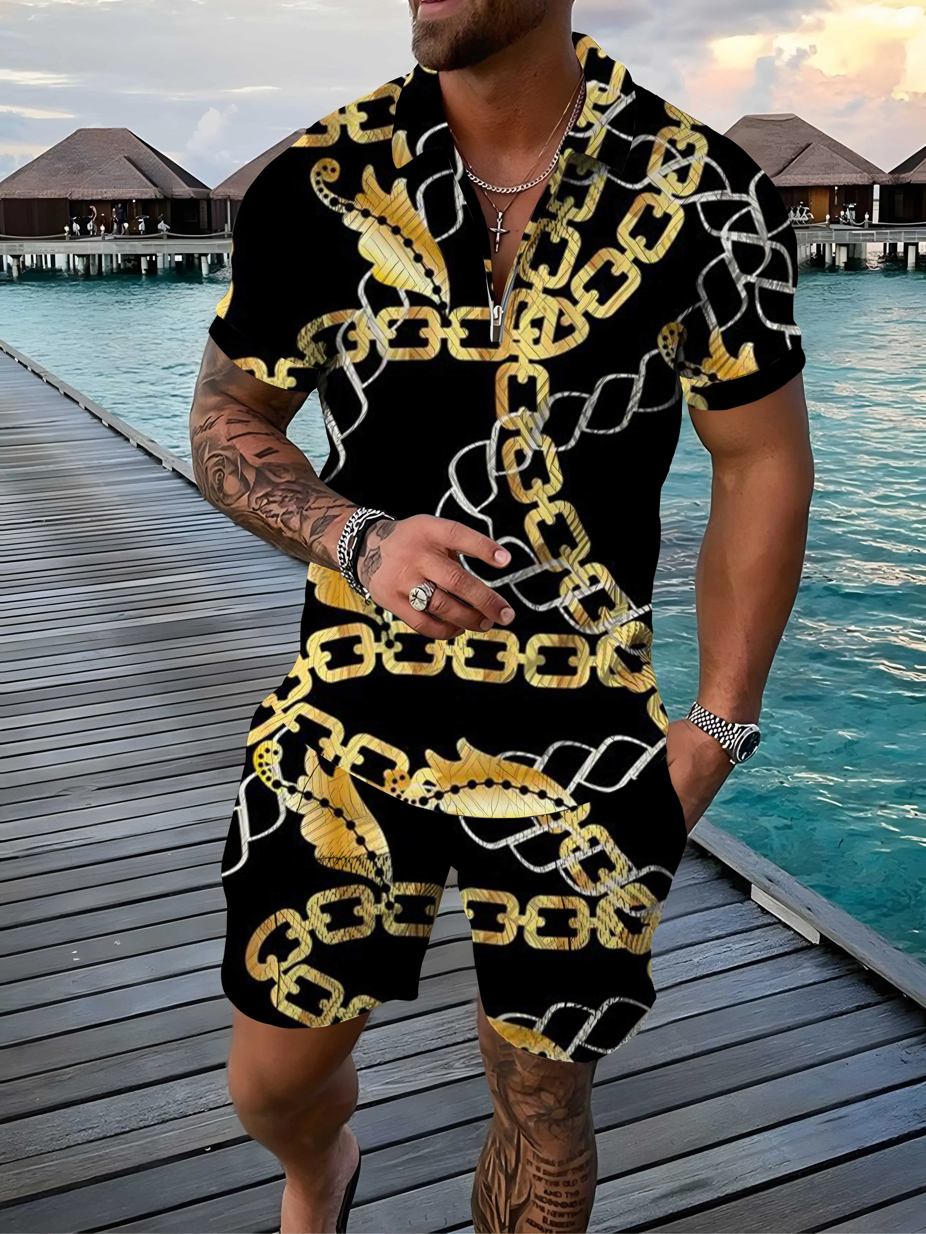 Gold Zipper Polo Sets for Men Sportswear 3d Print Set Casual Mens Tracksuit Lapel Short Sleeve+shorts Suits 2022 New Clothing
Gold Zipper Polo Sets for Men Sportswear 3d Print Set Casual Mens Tracksuit Lapel Short Sleeve+shorts Suits 2022 New Clothing