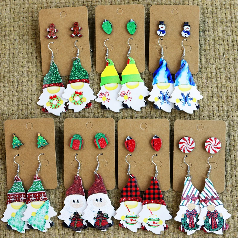 

Cutout Hot Selling Christmas Wooden Dangle Drop Earrings for Women HOHOHO Snowman Christmas Tree Snow Printed Dangle Earrings