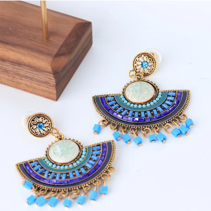 

Vintage Bohemia Long Tassel Earrings Ethnic Style Jewelry Beads Fringe Fan-shaped Dangle Earrings Statement Jewelry Accessories