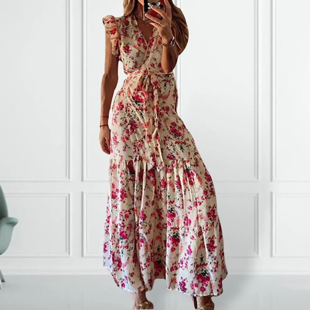 Elegant Dress V-Neck Ruffle Trim Lace-up Stitching Large Hem Maxi Dress Floral Print Sleeveless Beach Holiday Dress Streetwear
Elegant Dress V-Neck Ruffle Trim Lace-up Stitching Large Hem Maxi Dress Floral Print Sleeveless Beach Holiday Dress Streetwear