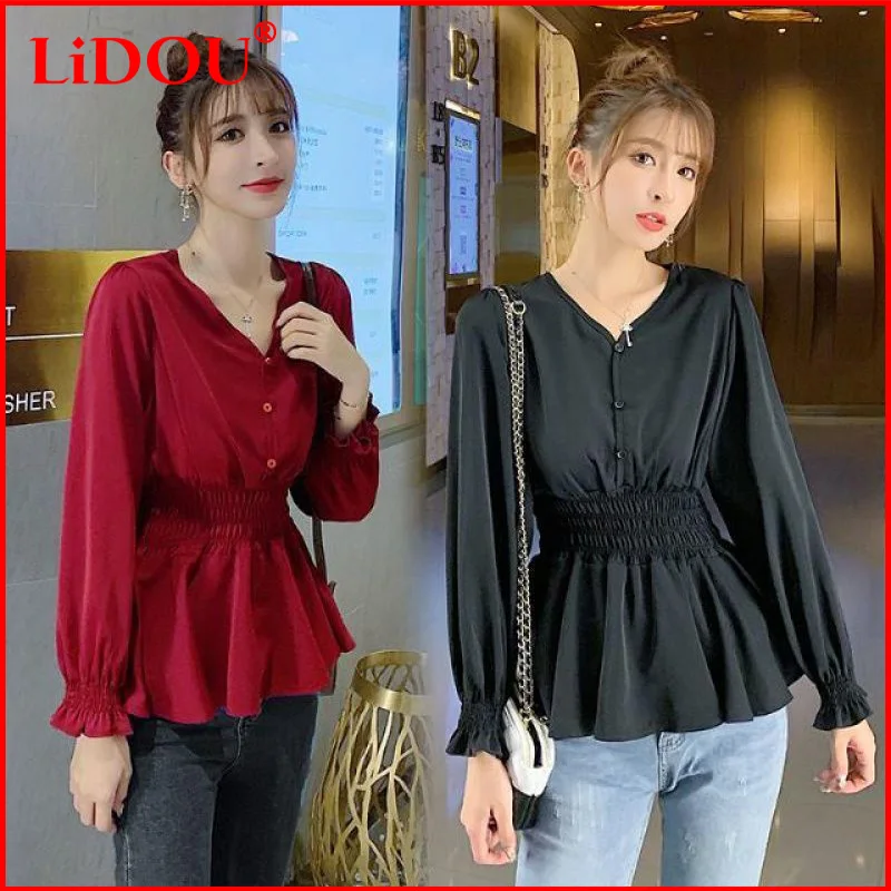 Spring Autumn Temperament All-match V-Neck Button Solid Long Sleeve Shirring Ruffled Hem Puff Sleeve Slim Fit Female T-shirt
Spring Autumn Temperament All-match V-Neck Button Solid Long Sleeve Shirring Ruffled Hem Puff Sleeve Slim Fit Female T-shirt