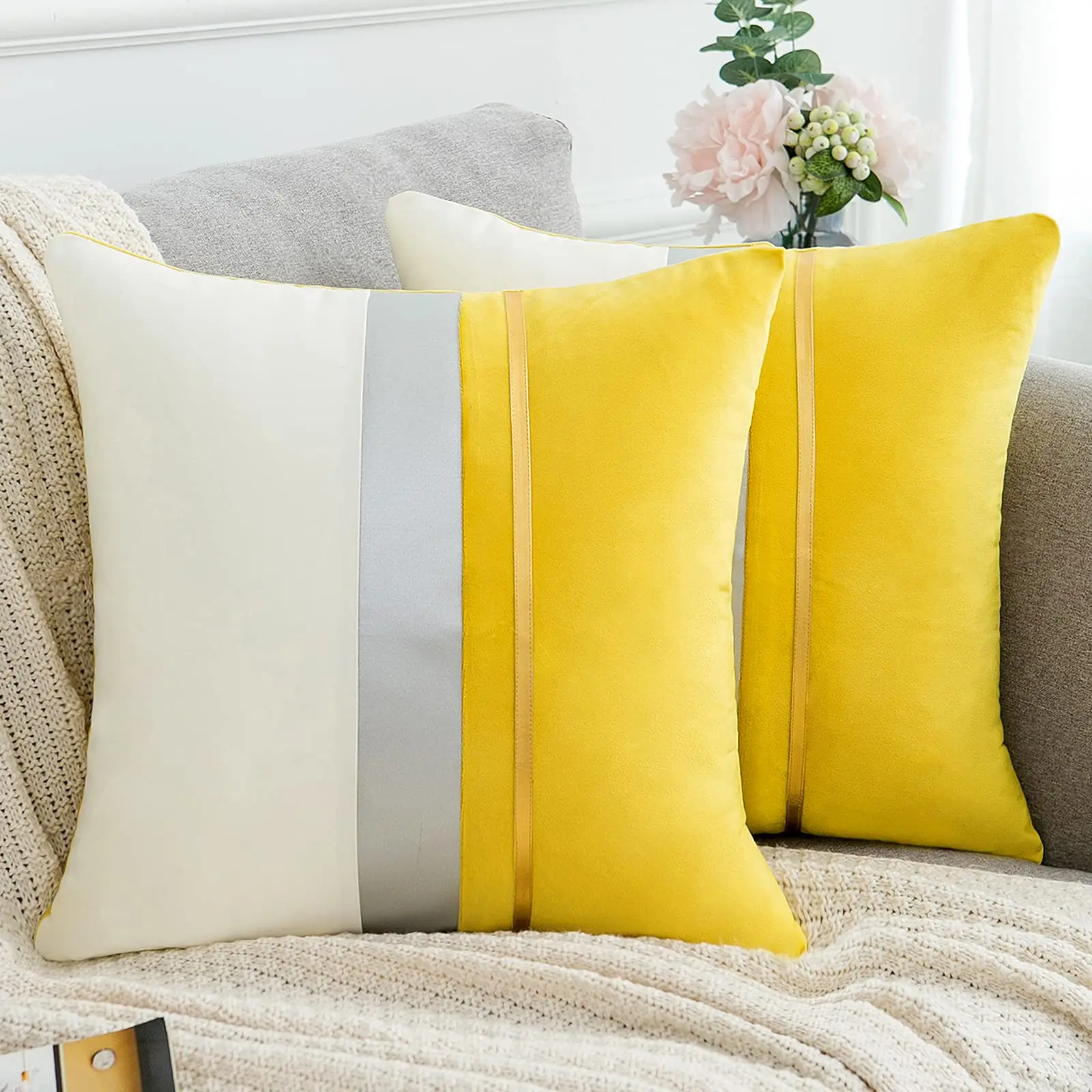 Velvet Yellow Cushion Covers with Gold Striped Leather Sofa Throw Pillow Cases 18x18 Modern Luxury Decorative Throw Pillowcases
Velvet Yellow Cushion Covers with Gold Striped Leather Sofa Throw Pillow Cases 18x18 Modern Luxury Decorative Throw Pillowcases