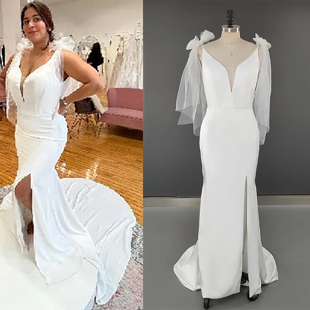Real Photos Sheath Satin V Neck High Split Wedding Dress Simple Open Back Detachable Tulle Wings Minimalist Buttons Bridal Gowns
Real Photos Sheath Satin V Neck High Split Wedding Dress Simple Open Back Detachable Tulle Wings Minimalist Buttons Bridal Gowns