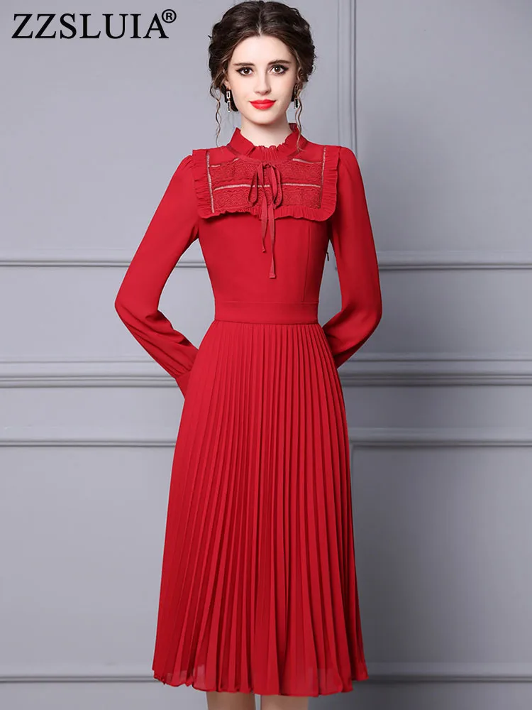 

ZZSLUIA Embroidery Ruffles Designer Slim Pleated Dresses Fashion Long Sleeve Bow France Elegant Midi Dresses Female Clothing