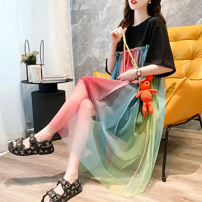 Summer New Mid Length Net Yarn Ladies Dresses Round Neck Short Sleeve Loose Patchwork Dress Trend Fashion Women Clothing
Summer New Mid Length Net Yarn Ladies Dresses Round Neck Short Sleeve Loose Patchwork Dress Trend Fashion Women Clothing