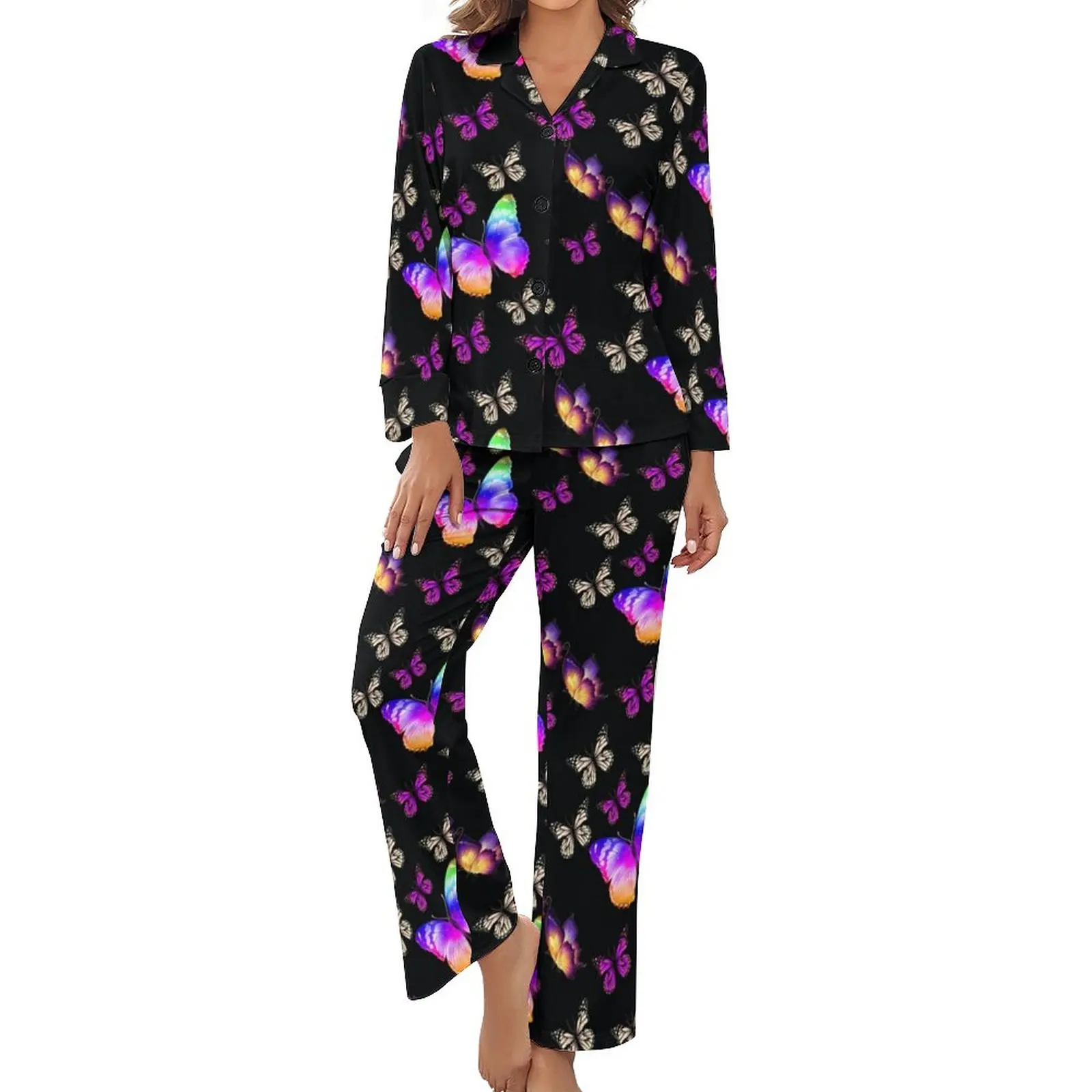Neon Butterfly Pajamas Long Sleeves Colorful Animal Print Two Piece Casual Pajama Sets Spring Female V Neck Kawaii Home Suit
Neon Butterfly Pajamas Long Sleeves Colorful Animal Print Two Piece Casual Pajama Sets Spring Female V Neck Kawaii Home Suit