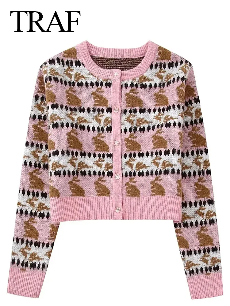 TRAF Women's Rabbits Jacquard Button Knitted Cardigan Long Sleeve O Neck Cropped Sweater Casual Female Fashion Streetwear
TRAF Women's Rabbits Jacquard Button Knitted Cardigan Long Sleeve O Neck Cropped Sweater Casual Female Fashion Streetwear