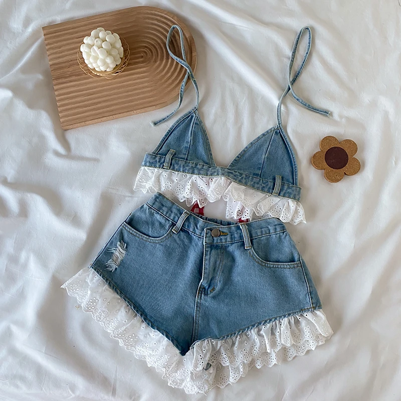 Denim Slim Fit Summer Lace Patchwork Beach Style Crop Tops Camis Bandage Zipper Fly Shorts Women Y2k Sexy Tanks Top Hotsweet
Denim Slim Fit Summer Lace Patchwork Beach Style Crop Tops Camis Bandage Zipper Fly Shorts Women Y2k Sexy Tanks Top Hotsweet