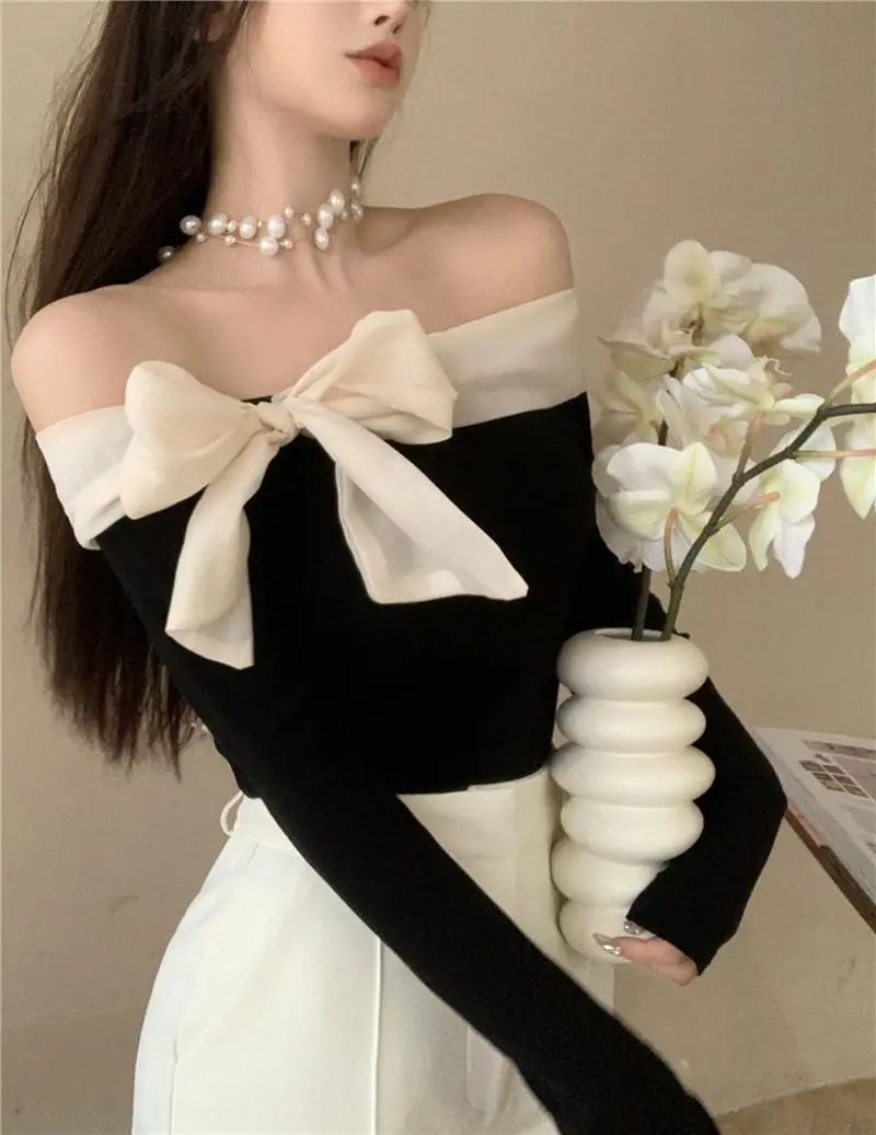 

Off Shoulder Bow Tie Up Sweater Y2k Women Autumn Sexy Exposed Collarbone Top French Style Elegant Pullovers Bow Slash Neck Tops
