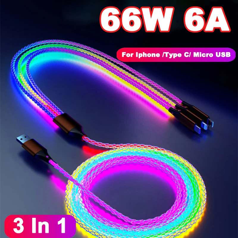 3 In 1 66W 6A RGB Color Light Micro USB Type C Cable Fast Charging Cable For Xiaomi Samsung Huawei For Iphone Car Charging Cord
3 In 1 66W 6A RGB Color Light Micro USB Type C Cable Fast Charging Cable For Xiaomi Samsung Huawei For Iphone Car Charging Cord