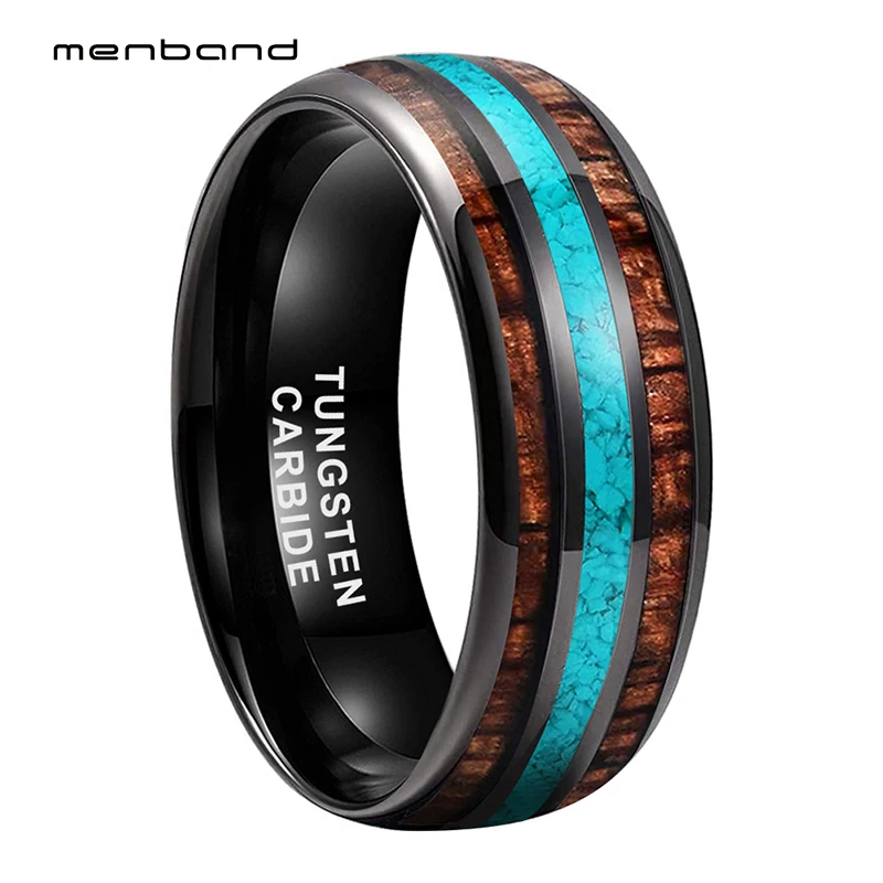 

8mm Black Tungsten Carbide Ring for Men Women Engagement Wedding Band Crushed-Turquoise Koa Wood Inlay Domed Comfort Fit