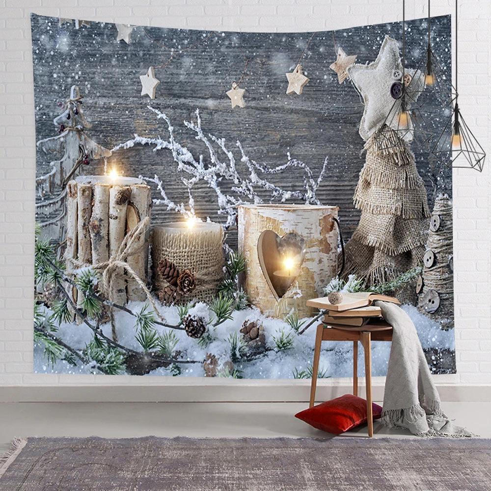 

Merry Christmas Tapestry Xmas Tree Winter Snowflake Candle Wooden Backdrop Tapestries Bedroom Living Room Dorm Home Wall Hanging