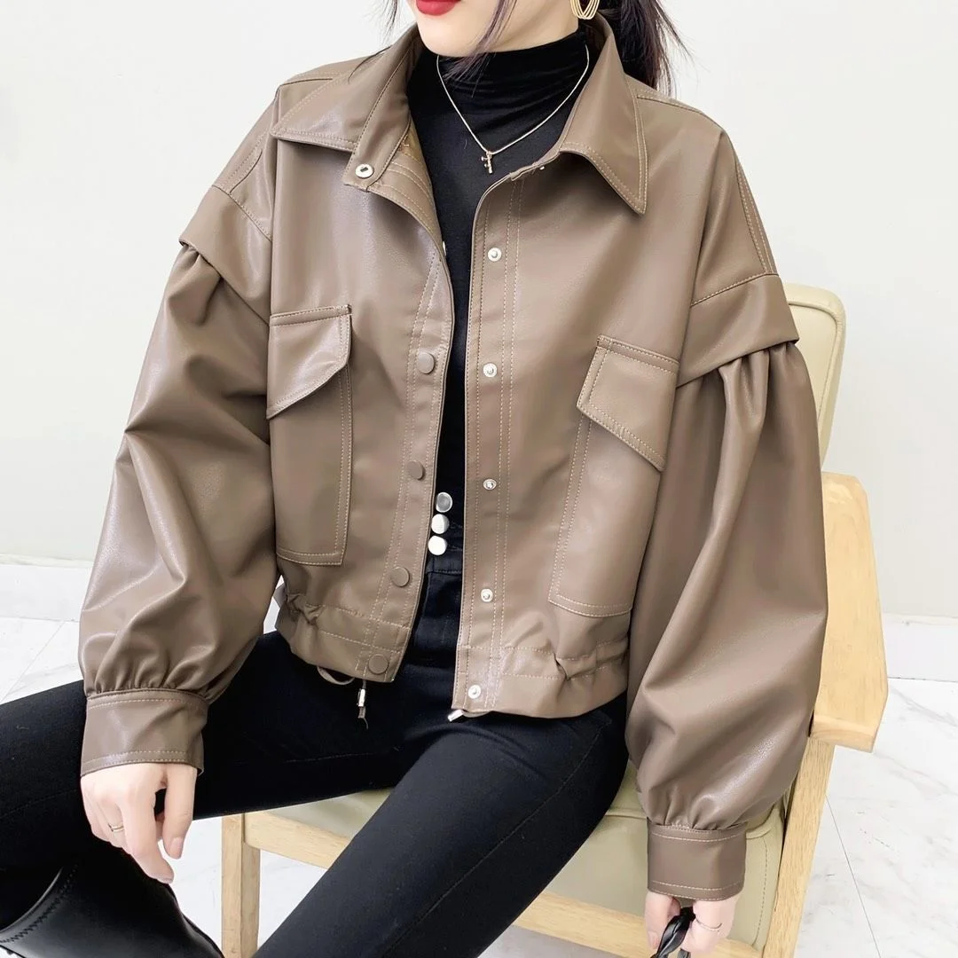 Punk Outerwear Autumn Leather Women Coat Loose Temperament Large Pocket Long Sleeve Casual Motorcycle Jackets
Punk Outerwear Autumn Leather Women Coat Loose Temperament Large Pocket Long Sleeve Casual Motorcycle Jackets