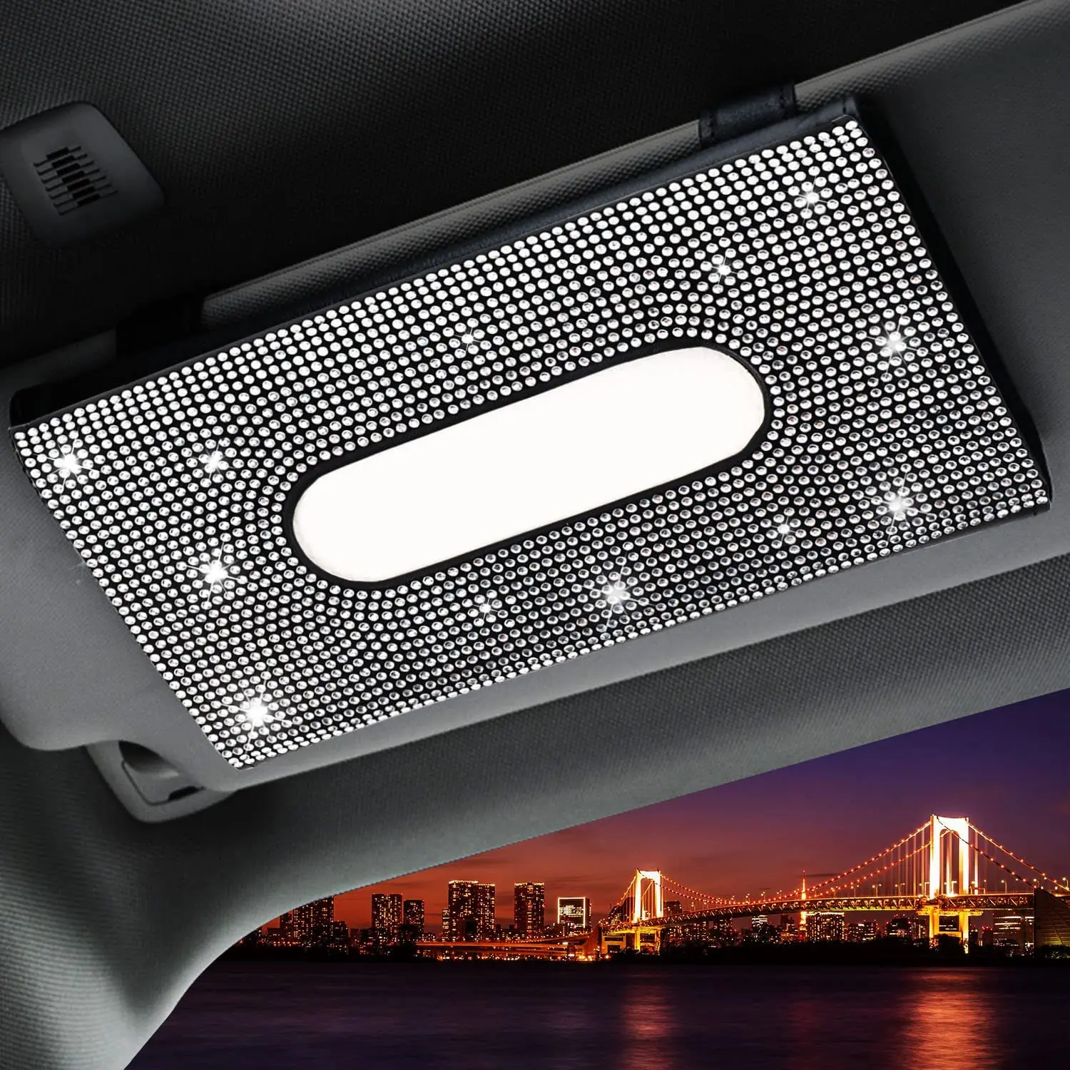 

Car Sun Visor Tissue Box Holder PU Leather Hanging Bling Crystals Cover Backseat Napkin Case Clip Auto Accessories for Women