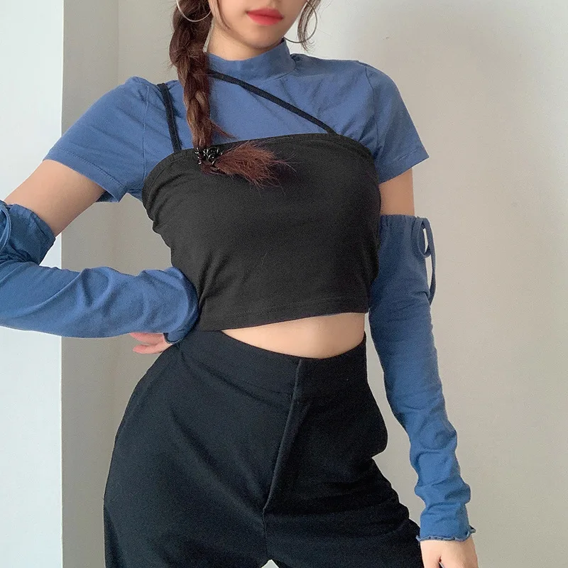 Women 2021 Fall Fake Two-piece Blue Sexy T-shirt New Solid Short-sleeved Lace-up Long-sleeved T-shirt Female Patchwork Tshirt
Women 2021 Fall Fake Two-piece Blue Sexy T-shirt New Solid Short-sleeved Lace-up Long-sleeved T-shirt Female Patchwork Tshirt