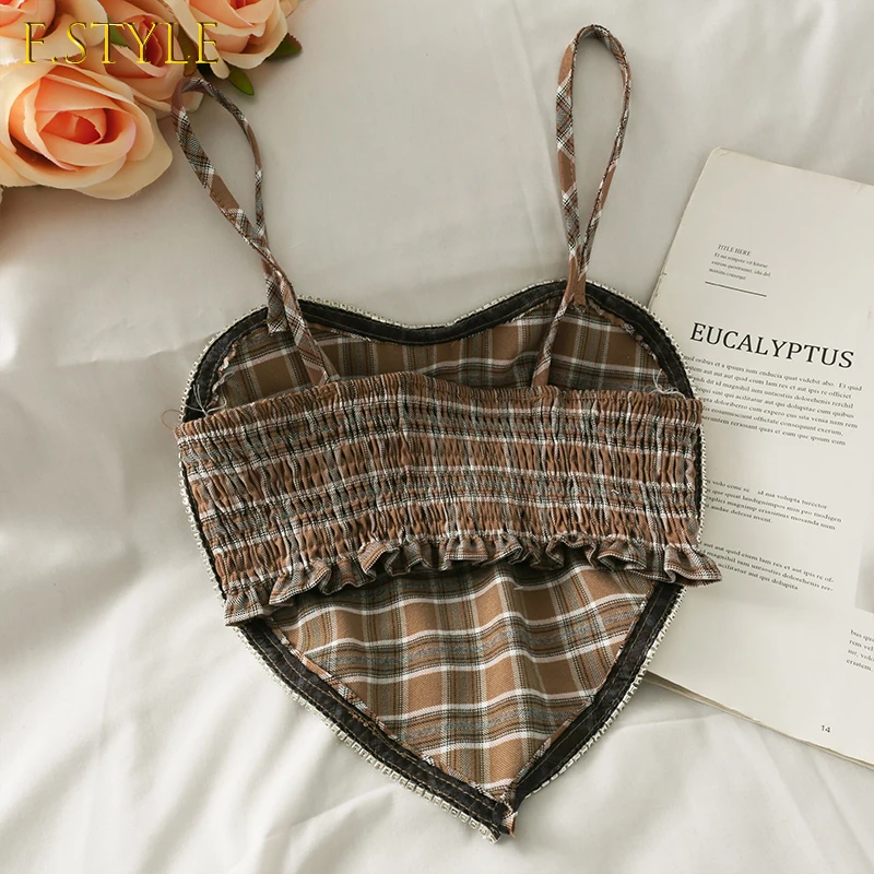 F GIRLS Summer Heart Shaped Camisole Crop Top Women Ringstones Plaid Spaghetti Straps Elastic Back Tank Tops
F GIRLS Summer Heart Shaped Camisole Crop Top Women Ringstones Plaid Spaghetti Straps Elastic Back Tank Tops