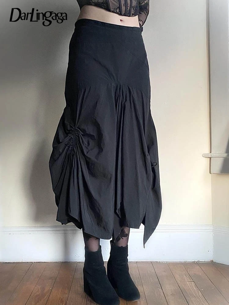 

Darlingaga Grunge Goth Asymmetrical Fashion Loose Low Waist Maxi Skirt Women Cargo Shirring Dark Academia Chic Skirts Drawstring