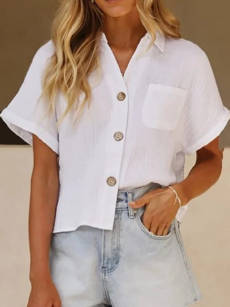 2022 Summer White Short Sleeve Single Breasted Casual Shirts Women Solid Color Pocket Short Sleeve Shirt Ladies Tops Blsuas
2022 Summer White Short Sleeve Single Breasted Casual Shirts Women Solid Color Pocket Short Sleeve Shirt Ladies Tops Blsuas