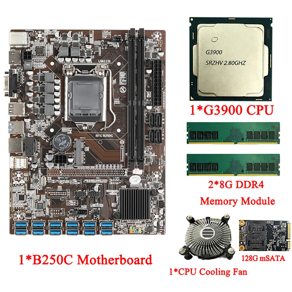 Набор материнской платы для майнинга B250C комбинированный USB3.0 PCIE X16 LGA 1151 DDR4 G3900 CPU