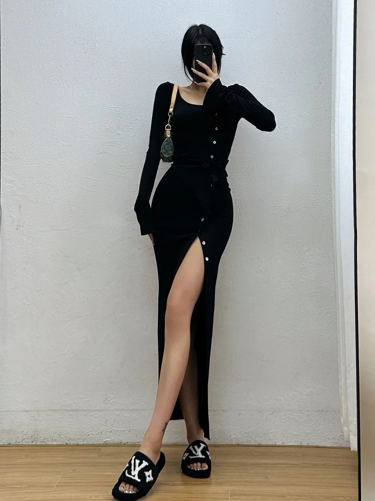 

Sleeve WOMENGAGA Cardigan Long Top Split Slim High Waist Button T Shirt Hot Sexy Korean Women Irregular Tops Tees QH8P