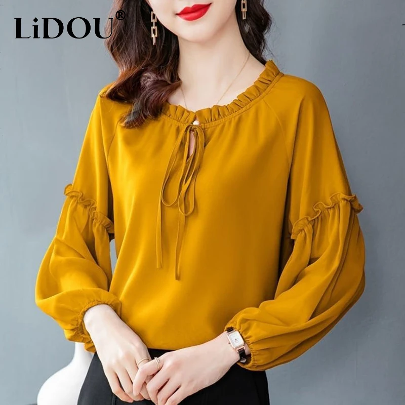 Summer Autumn Fungus Edge Oversized Casual Chiffon Blouse Ladies Elegant Lantern Long Sleeve Bow Shirt Solid All-match Blusa Top
Summer Autumn Fungus Edge Oversized Casual Chiffon Blouse Ladies Elegant Lantern Long Sleeve Bow Shirt Solid All-match Blusa Top