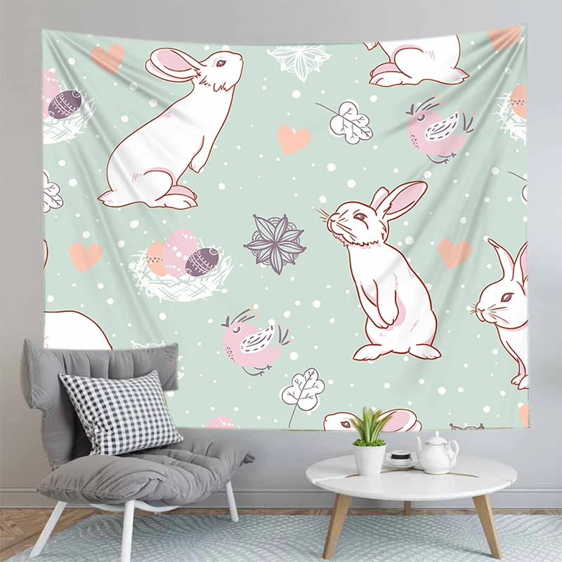 

Cute Rabbit Tapestry Cartoon Bunny Easter Wall Hanging Blanket White Animal Tapestries Home Kids Bedroom Living Room Dorm Decor