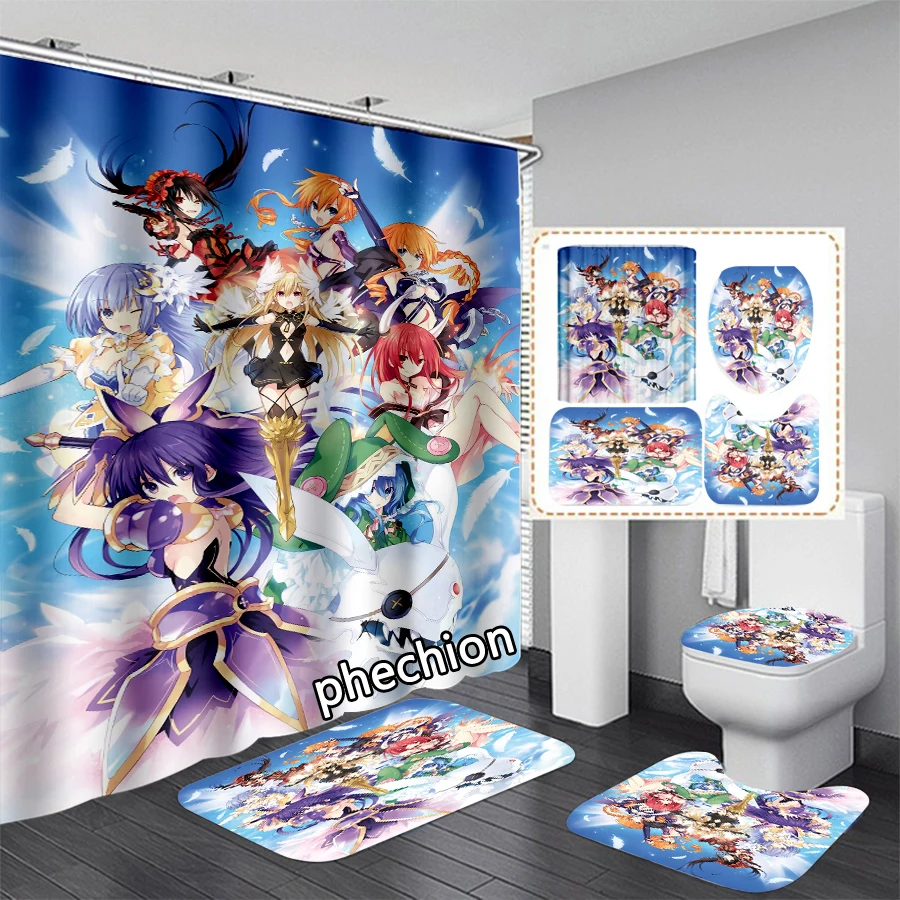 

phechion Anime DATE A LIVEⅢ 3D Print Waterproof Bathroom Shower Curtain Toilet Cover Mat Non-Slip Floor Mat (1/3/4Pcs) W70