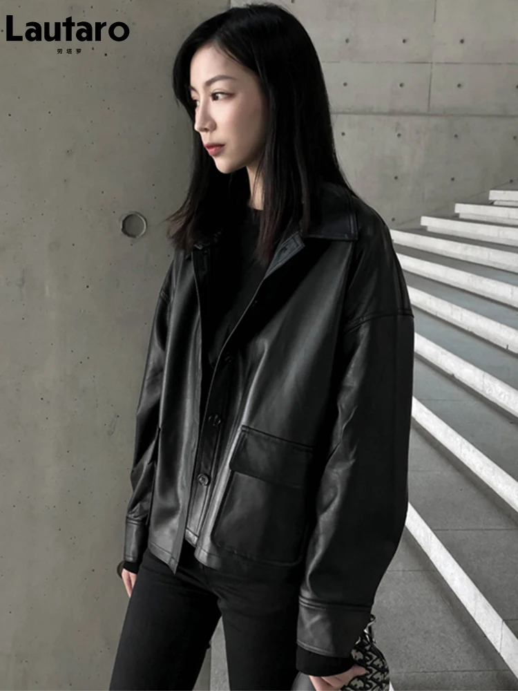 Lautaro Spring Short Casual Oversized Black White Soft Pu Leather Jacket Women Long Sleeve Buttons Pockets Korean Fashion 2022
Lautaro Spring Short Casual Oversized Black White Soft Pu Leather Jacket Women Long Sleeve Buttons Pockets Korean Fashion 2022