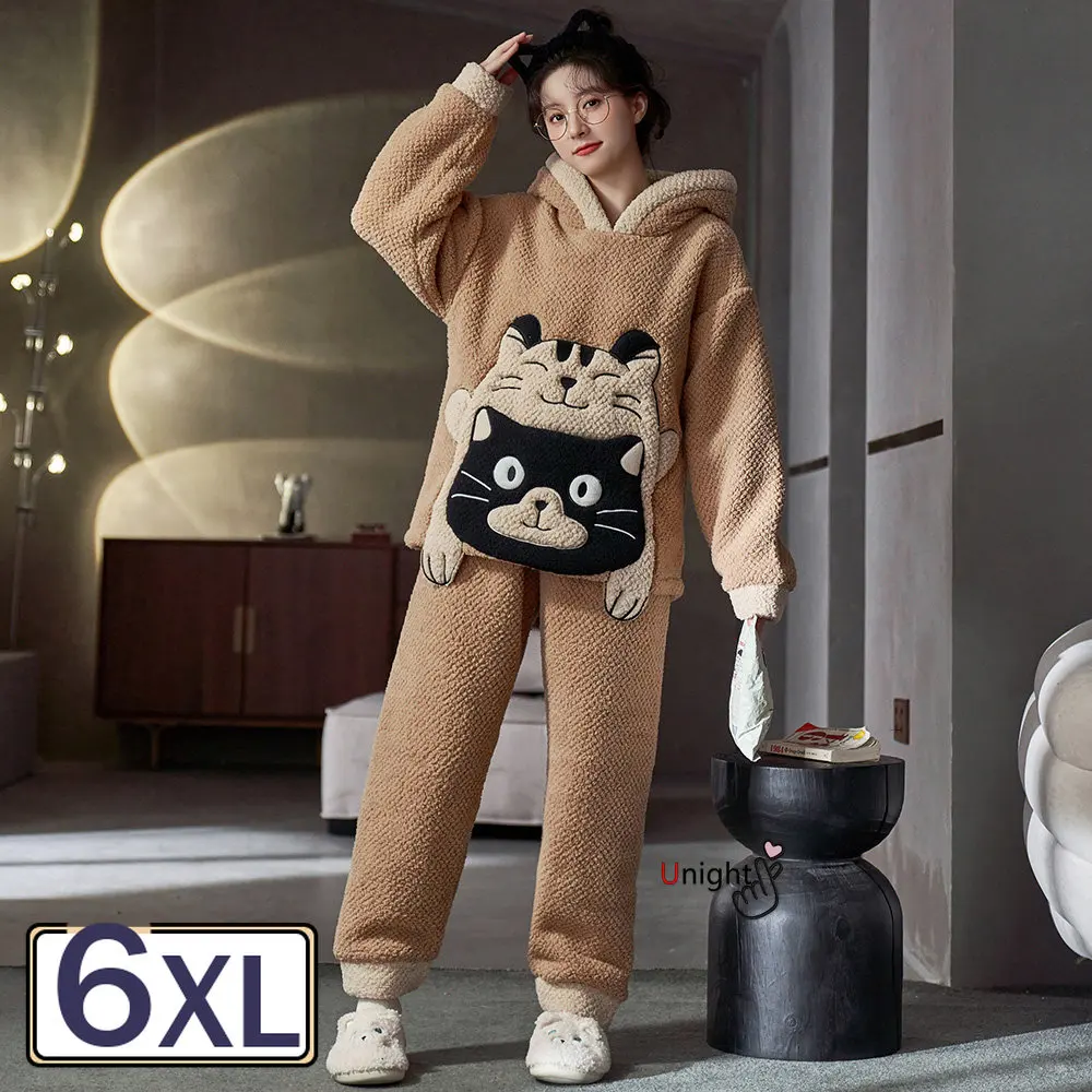 

Women Winter Flannel Warm Long Sleeve Pajamas Set Leisure Women Sleepwear Set Thick Velvet Pyjamas Large Size 6XL Homewear