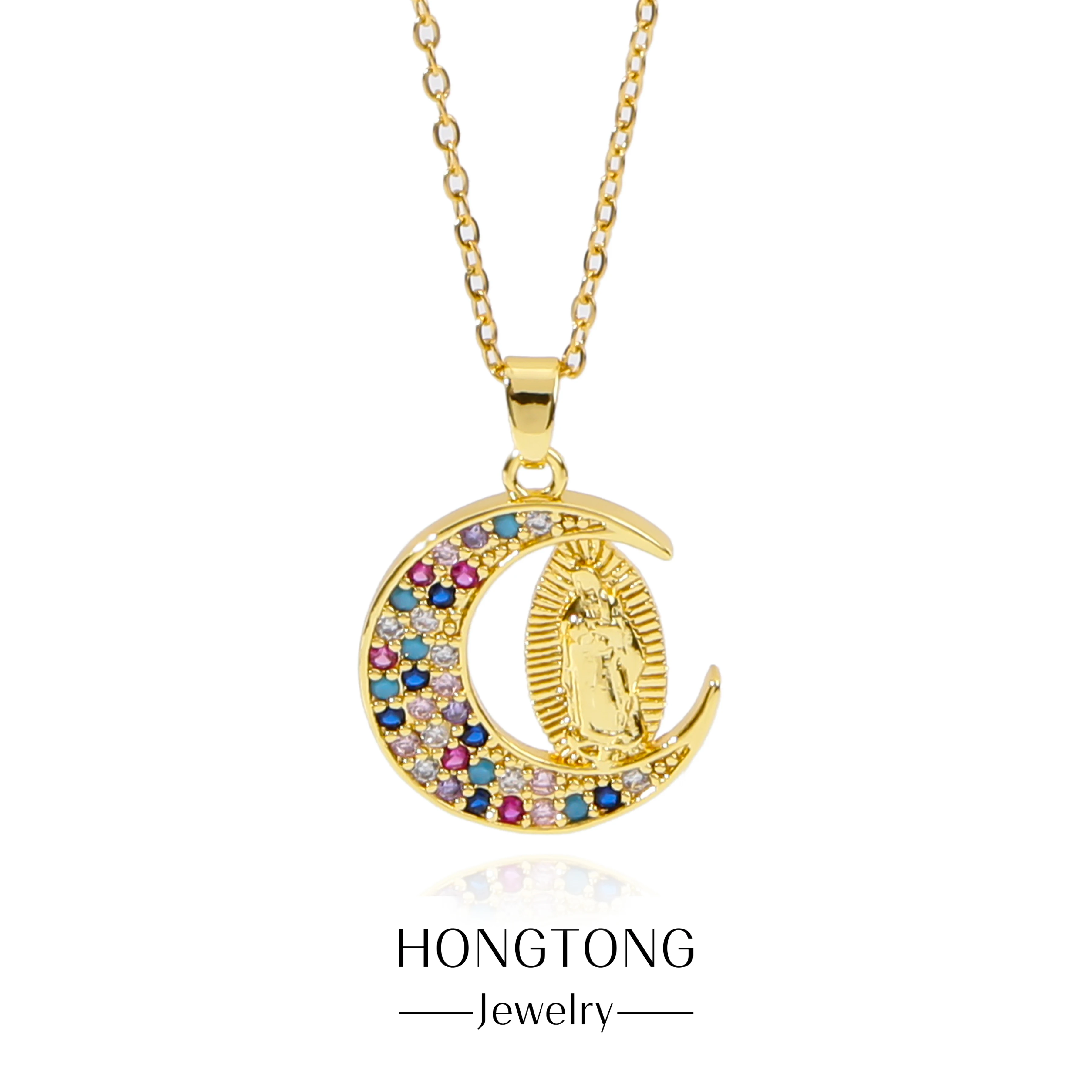 

HONGTONG Creative Virgin Mary Amulet Moon Pendant Random Colorful Zircon Inlaid Stainless Steel Necklace Women's Jewelry Gifts