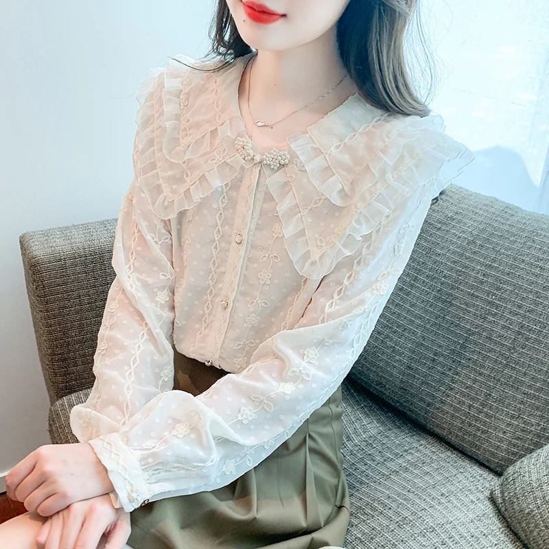 Women's Embroidered Long Sleeved Blouses, Elegant Slim High-End White Beading Chiffon Shirt, New, 2023
Women's Embroidered Long Sleeved Blouses, Elegant Slim High-End White Beading Chiffon Shirt, New, 2023