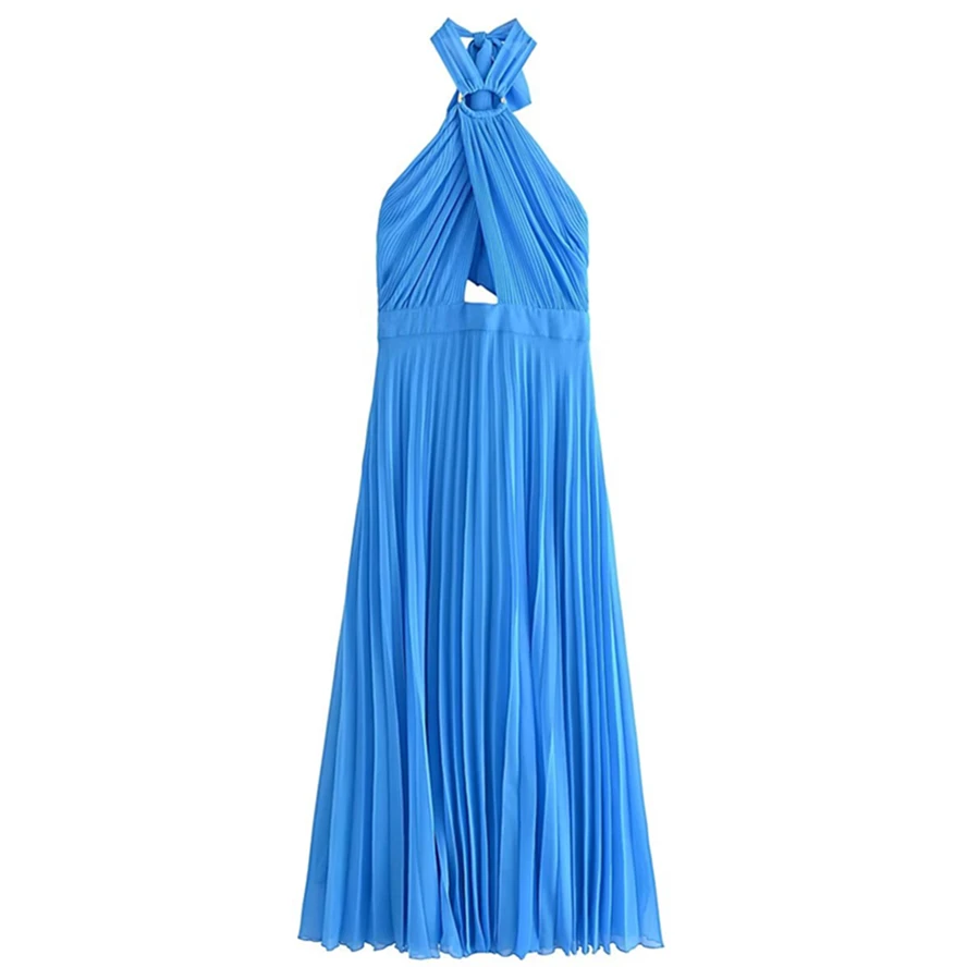 

Платье женское Плиссированное с лямкой на шее, элегантный пикантный модный сарафан во французском стиле, с вырезами, синее, на лето
