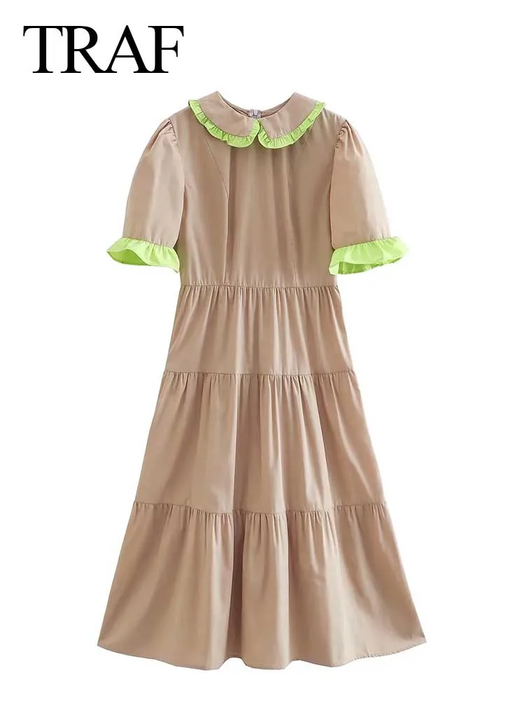 TRAF 2022 Summer Women Khaki Dress Doll Collar Puff Sleeves Fungus Edge Zip Slim Long Dress Pleated Swing Skirt Cute Elegant
TRAF 2022 Summer Women Khaki Dress Doll Collar Puff Sleeves Fungus Edge Zip Slim Long Dress Pleated Swing Skirt Cute Elegant