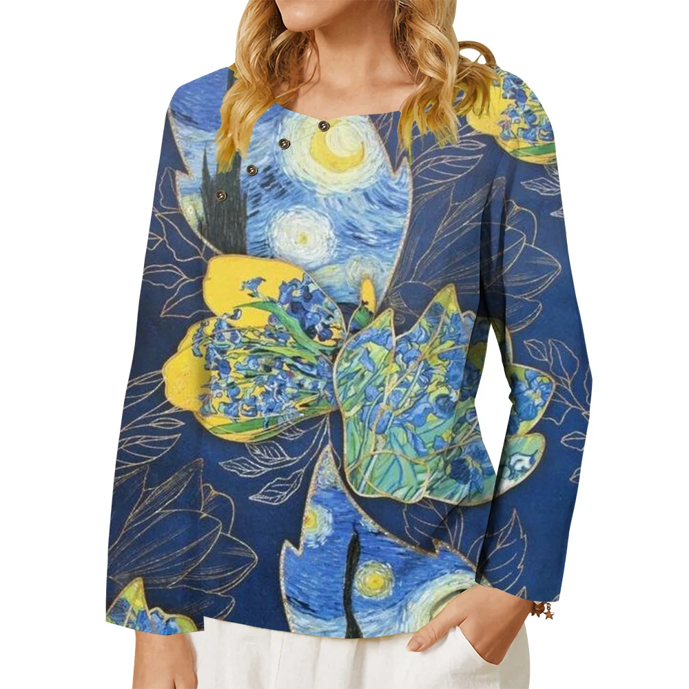CLOOCL Blue Women T-shirt Van Gogh Art Flower Painting 3D Print Button Decorate Long Sleeve Tee Oversized Tops Chinese Style
CLOOCL Blue Women T-shirt Van Gogh Art Flower Painting 3D Print Button Decorate Long Sleeve Tee Oversized Tops Chinese Style