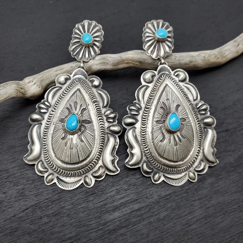 

Ethnic Round Inlaid Blue Stone Drop Earrings Vintage Ancient Silver Color Water Droplet Hand Carved Patterns Dangle Earrings