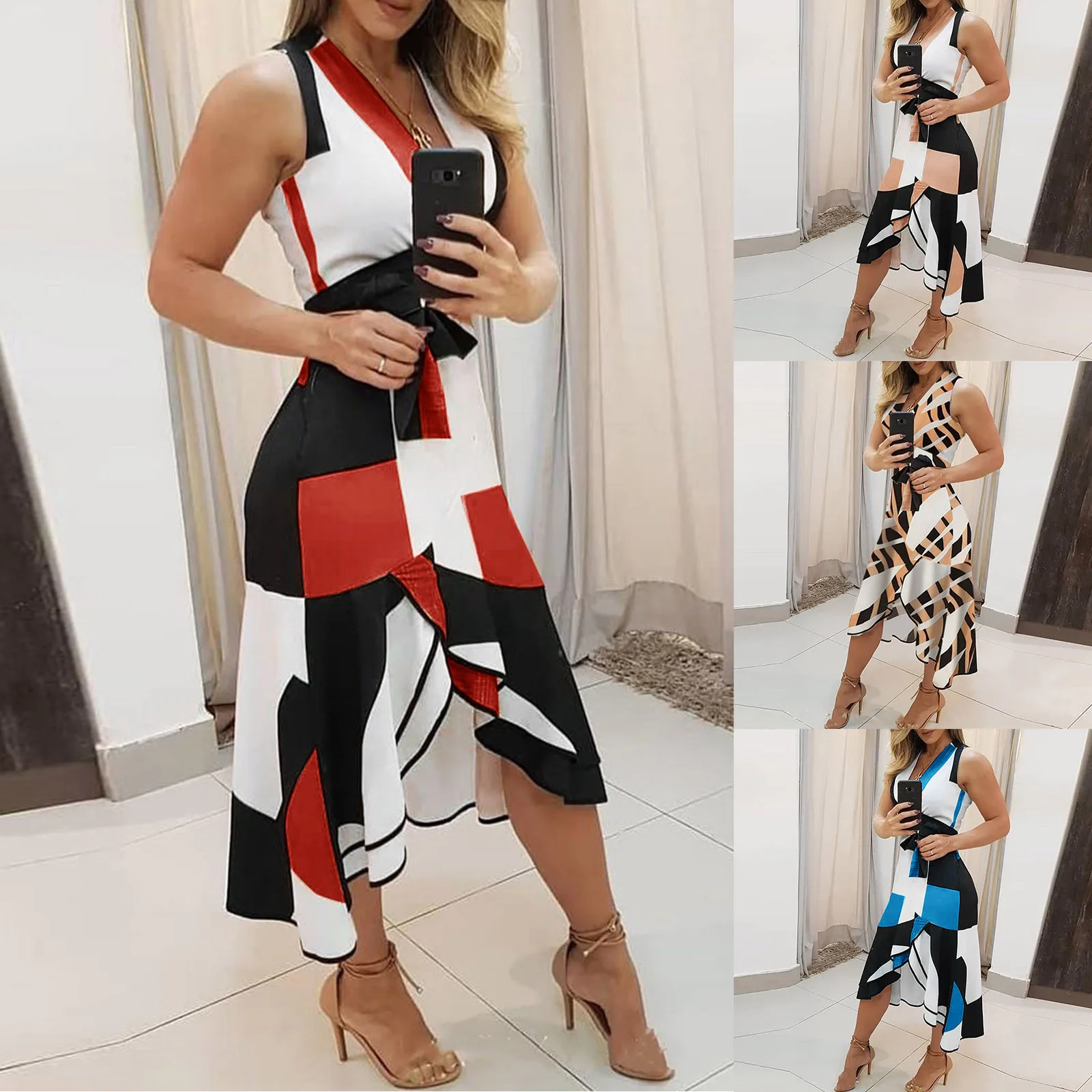 

Sexy Summer V Neck Empire Belt Tunic Women's Midi Dress 2021 Fashion Geometry Print Irregular Office Ladies Dresses Plus Size