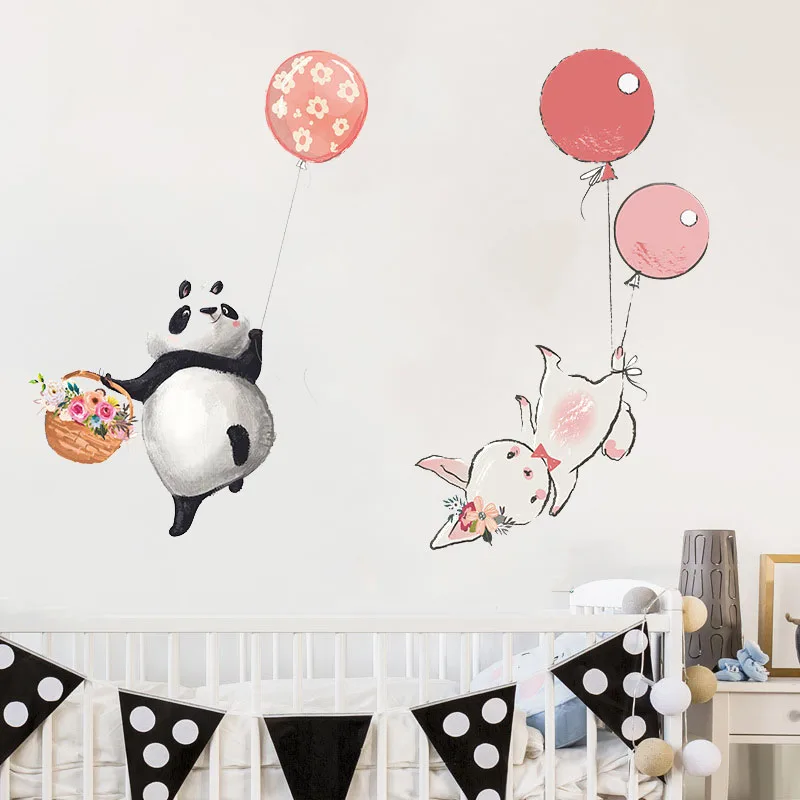 

Cute Panda Bunny Balloon Wall Stickers for Kids Rooms Baby Girls Room Decor Cartoon Animal Nursery Wallpaper Self-adhesive Vinyl