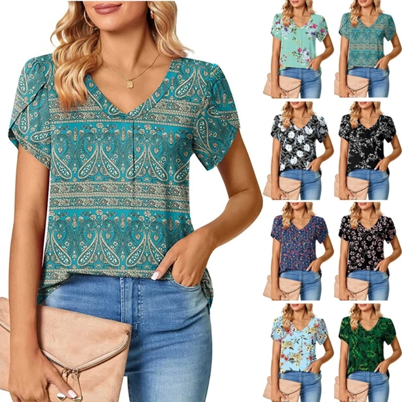 

Q0KE Women Summer Boho Floral Print Casual Loose Fit T-Shirt Short Petal Sleeve V-Neck Pleated Curved Hem Tunic Top Blouses